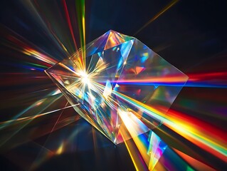 Poster - Crystal cube refracting light into a rainbow spectrum.