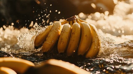 Poster - A bunch of bananas is floating in splashing water gracefully