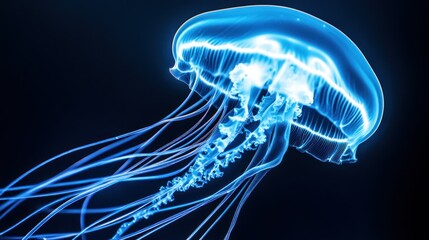 Poster - A glowing blue jellyfish floats gracefully in dark aquatic space