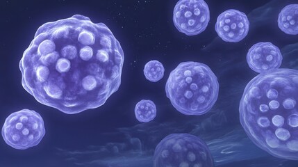 Poster - Several purple spheres float in a mysterious dark blue space