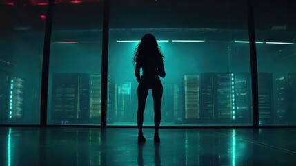 Poster - A woman observes computer server racks inside a futuristic room