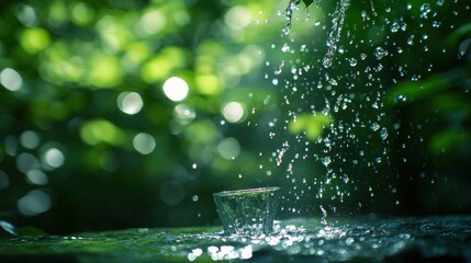 Poster - Crystal clear water cascading down towards a small clear glass