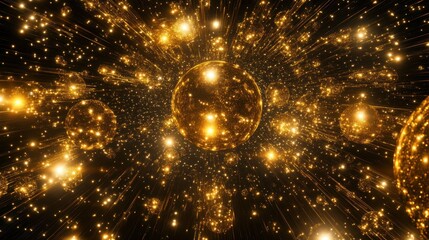 Poster - Luminous golden orbs surrounded by a network of bright radiating light