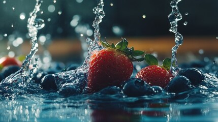 Poster - Strawberries and blueberries splash in cold flowing clean water