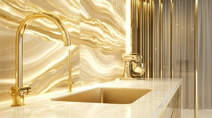 Poster - A gold kitchen with marble countertops and modern appliances