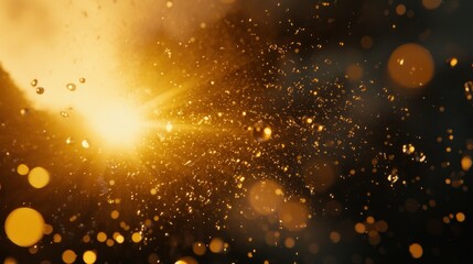 Poster - Bright golden light shines through dispersed droplets in the air