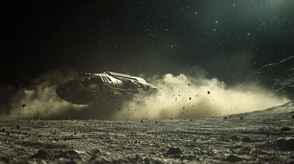 Poster - A futuristic spacecraft landing on a rocky extraterrestrial surface