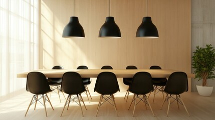Poster - Modern dining room showcasing a long table and black chairs