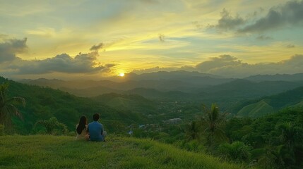 Poster - Two people watch a scenic sunset over verdant mountains and valleys