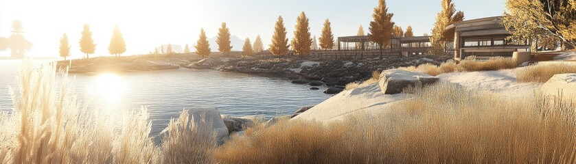 Aufkleber - A beautiful serene lakefront landscape under a golden sunrise glow
