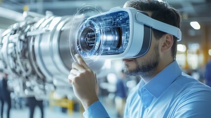 Aufkleber - Man wearing a virtual reality headset in industrial environment