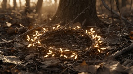 Poster - A Glowing Wreath Made of Twigs and Leaves on Forest Floor
