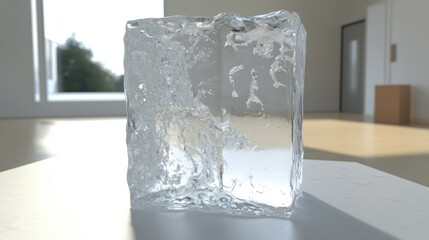 Poster - A transparent icy cube sits alone atop a white surface indoors