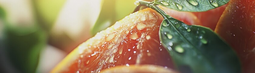 Poster - Close up of juicy citrus fruit with fresh green leaves