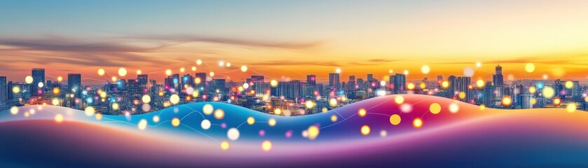 Poster - A futuristic digital network city skyline at sunset dusk