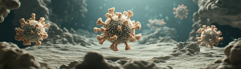 Poster - Rendered illustration of several viral cells in a micro environment
