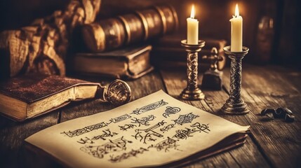 Aufkleber - Burning candles illuminate an open book on an aged wooden surface