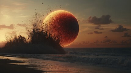 Poster - A large fiery orb rises above a dramatic crashing ocean wave