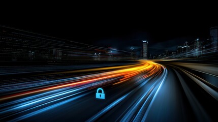 Poster - City skyline abstract with light trails and security symbol