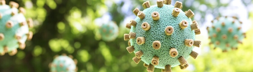 Poster - Several blue green sphere shapes with spikey outer projections on display
