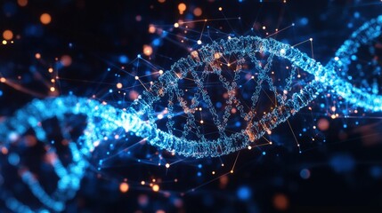 Poster - An advanced AI system projects a dynamic DNA sequence in mid-air, assisting geneticists in decoding hereditary diseases