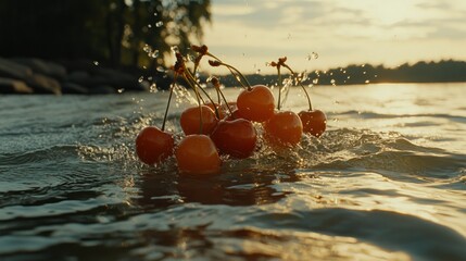 Poster - A Cluster Of Cherries Splashing And Floating In Water