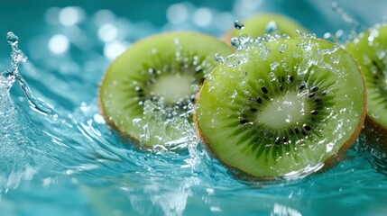 Poster - Sliced kiwis in water with splashing and refreshing droplets