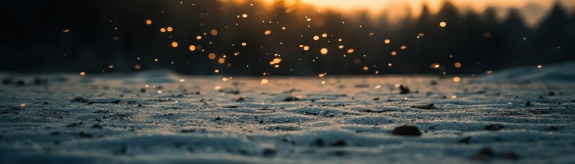 Poster - Golden particles illuminate a frosty ground with blurred forest backdrop