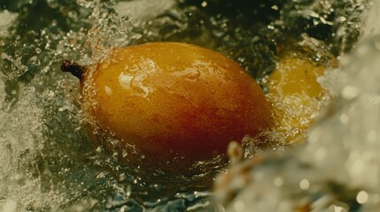 Poster - A golden fruit being submerged in flowing clear water splashes
