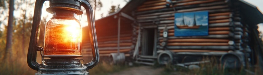 Poster - A glowing lantern illuminating a wooden cabin near the woods