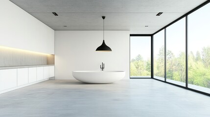 Poster - Modern bathroom interior design featuring a freestanding bathtub and large windows