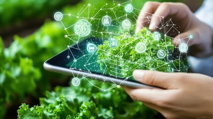 Poster - Person examining fresh produce with technological data display on screen