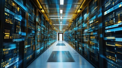 Poster - A modern data center hallway with servers and lighting
