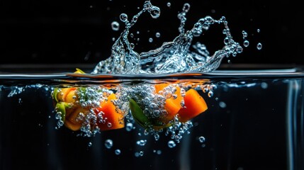 Poster - Colorful Peppers Plunging into the Water Creating Bubbles and Splash