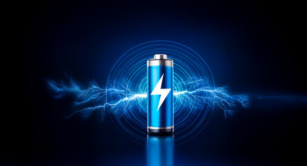 Poster - A blue battery with a white lightning bolt stands against a dark backdrop, illuminated by electric energy and concentric circles, suggesting power and technology.