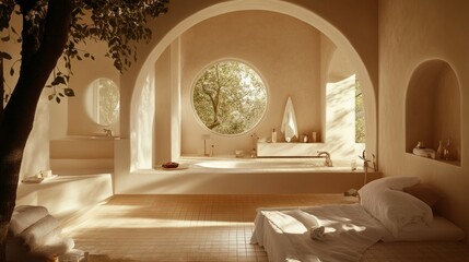 Poster - Luxurious spa like bathroom with natural light and tree branches