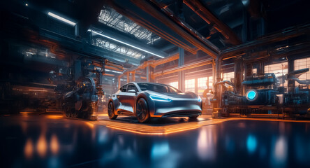 Poster - A sleek, futuristic car is parked in a brightly lit, modern industrial factory or workshop.  Neon lights highlight the vehicle and surrounding machinery, creating a vibrant and technological scene.