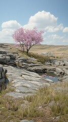 Poster - Pink flowering tree beside a small pond on a rocky landscape