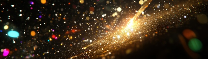 Poster - Golden stream with colorful bokeh particles against a dark backdrop