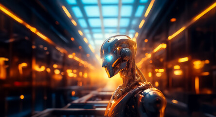Poster - A metallic humanoid robot stands in a glowing, futuristic corridor with vibrant orange and blue lights illuminating the scene.  A technological and advanced atmosphere.