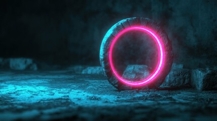 Poster - Illuminated portal ring stands within a rugged rock formation