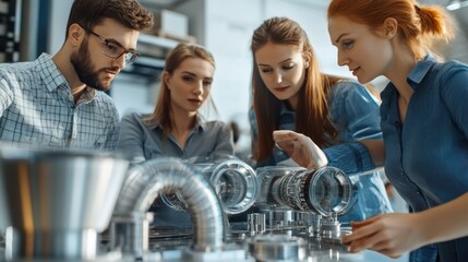 Aufkleber - Four individuals observing and analyzing a sophisticated apparatus carefully