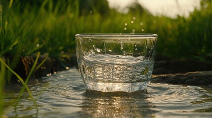 Poster - A glass of water sitting in a flowing stream of water