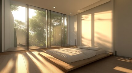 Poster - A sunlit bedroom features a modern style with scenic forest views