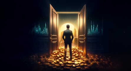 Poster - A person in a suit stands before an open door leading to a bright, coin-filled space, contrasting with the dark surroundings and distant city skyline.