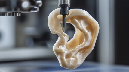 Poster - An experimental bio-printer extruding a soft, organic material, forming the delicate curves of a lifelike 3D-printed ear.