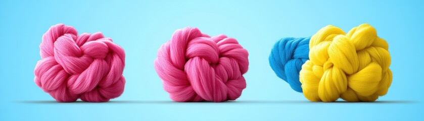 Poster - Three colorful braided wool spheres against a light blue backdrop