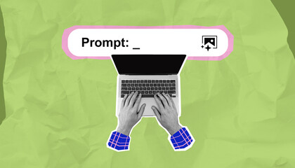 Fototapete - AI prompt generation concept with hands typing on a laptop.