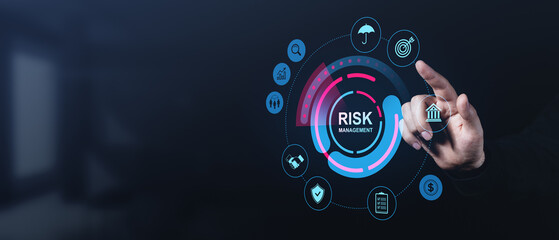 Poster - Risk management digital interface with business icons on dark background.
