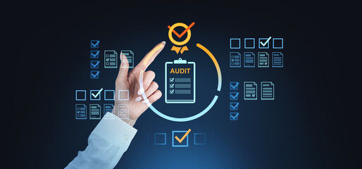 Poster - Business audit concept with digital checklist interface.